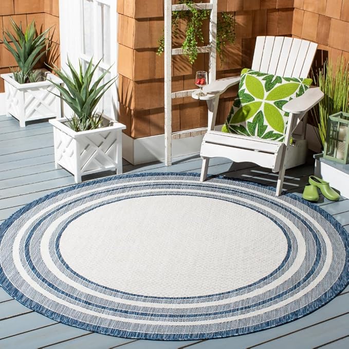SAFAVIEH Washable Rug Outdoor Courtyard Collection - 7'10" Round, Ivory & Navy, Non-Shedding & Easy Cleaning, Ideal for Patio, Backyard, Mudroom (CY8475-53412)