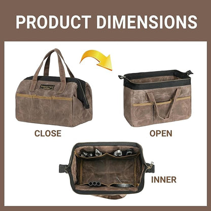 Tool Bag, 13-inch Heavy Duty 16oz Waxed Canvas Wide Mouth Water-Resistant Tool Bag, Tool Tote with Handle for Tools, Wrenches, Screwdrivers (13 X 7 X 9 inch) | Grey