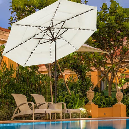 EliteShade USA 10-Year-Non-Fading Solar 9ft 3 Tiers Market Umbrella with 80 LED Lights Patio Umbrellas Outdoor Table with Ventilation,Natural