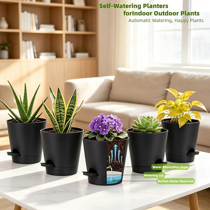 5 Pack 5 Inch African Violet Pots Self Watering, Self-Watering Planters with Drainage Holes & Reservoir, Black Plastic Pots for Indoor Outdoor Plants, Succulents & Flowers