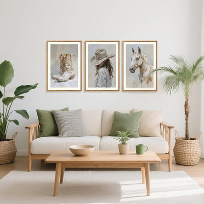 CHDITB Western Cowgirl Framed Canvas Wall Art Set, Farmhouse Wall Decor, Highland Horse Boots Artwork Painting,Vintage Country Hat Art Prints for Living Room Girls Dorm Bedroom Apartment-16 x24 x3