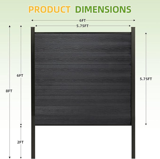 Mondaria Fence Privacy Screen with 8ft In-ground Posts, 6ft(H) x36ft(W) Wood Plastic Composite Fence Panels Weather-Resistant Outdoor Fence for Backyard/Garden (Black, 7 Posts)