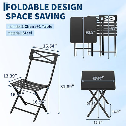 Outdoor Square Bistro Set 3 Piece, Black Iron Tube Patio Furniture Set with Square Table & 2 Chairs, Foldable Steel Backyard Deck Porch Garden , Space Saving Outdoor Dining Set for Small Spaces