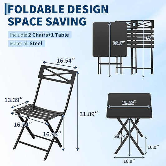 Outdoor Square Bistro Set 3 Piece, Black Iron Tube Patio Furniture Set with Square Table & 2 Chairs, Foldable Steel Backyard Deck Porch Garden , Space Saving Outdoor Dining Set for Small Spaces