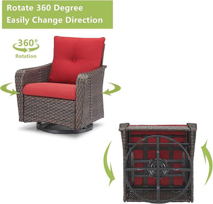 Rilyson Outdoor Patio Swivel Rocker Chairs - 4 PC Wicker Rattan Patio Rocking Glider Chair Set with High Back,Comfy Cushions and Deep Seating for Porch Deck Backyard Garden(Brown/Red)