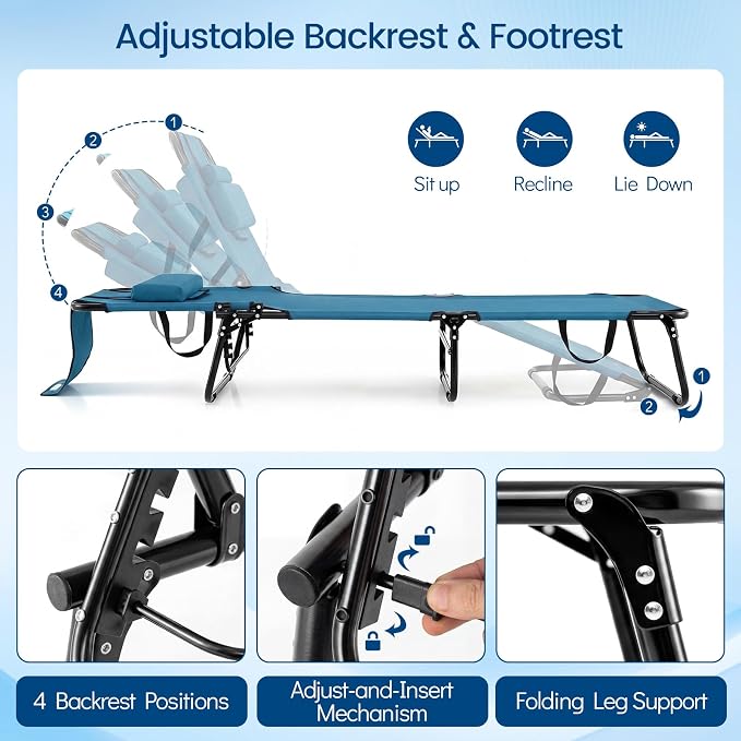 Giantex 2-Pack Tanning Chair, 350lbs Adjustable Patio Lounge Chair w/Face Hole, Removable Pillows, Carry Strap, Folding, Outdoor Chaise Lounge for Layout Beach Poolside Lawn