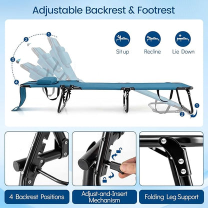 Giantex 350lbs Adjustable Patio Lounge Chair w/Face Hole, Removable Pillows, Carry Strap, Layout Chair, Folding Beach Chair, Outdoor Chaise Lounge for Poolside Lawn Tanning (1, Blue)