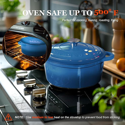 Overmont Enameled Cast Iron Dutch Oven - 4.5QT Pot with Lid Cookbook & Cotton Potholders - Heavy-Duty Cookware for Braising, Stews, Roasting, Sourdough Baking blue