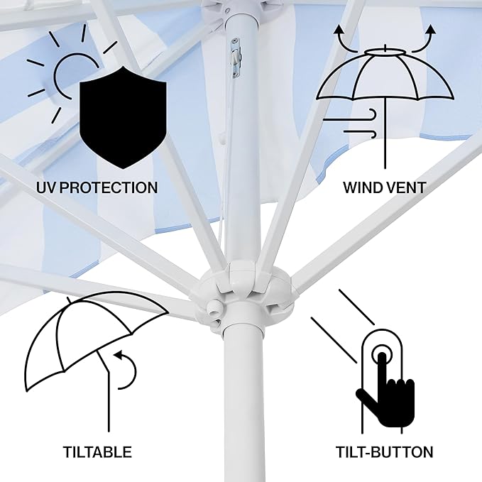 JONATHAN Y Half Umbrella UMB1201J Beverly 9 ft. Designer Classic Scalloped Fringe Market Patio with Crank, Tilt Button and UV Protection in Light Blue/White, White Pole