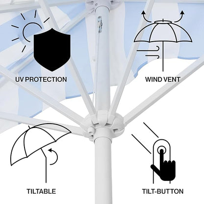 JONATHAN Y Half Umbrella UMB1201J Beverly 9 ft. Designer Classic Scalloped Fringe Market Patio with Crank, Tilt Button and UV Protection in Light Blue/White, White Pole