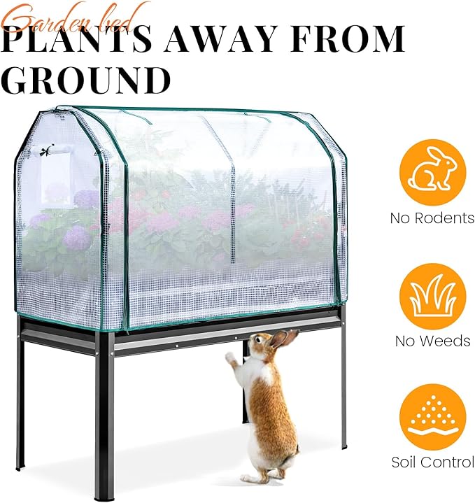 KING BIRD Large Raised Garden Bed with Cover Galvanized Elevated Planter Box with Legs 48×24×56 in for Backyard, Patio, Balcony, 700lb Capacity, Dark Grey