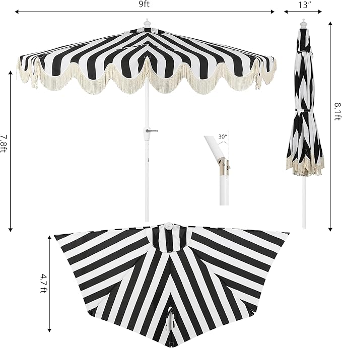 JONATHAN Y Half Umbrella UMB1201H Beverly 9 ft. Designer Classic Scalloped Fringe Market Patio with Crank, Tilt Button and UV Protection in Black/White, White Pole