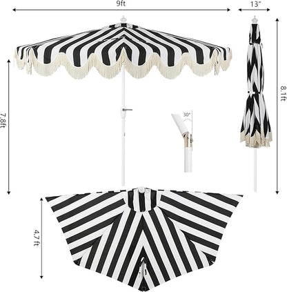 JONATHAN Y Half Umbrella UMB1201H Beverly 9 ft. Designer Classic Scalloped Fringe Market Patio with Crank, Tilt Button and UV Protection in Black/White, White Pole