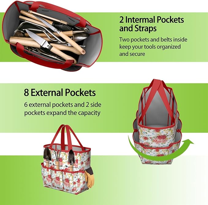 Floral Garden Tool Bag - Waterproof Garden Tote with 8 Pockets, Large Storage Home Organizer Gardening Tool Oxford Bag for Garden Tools Kits Holder, Ideal Outdoor Gardening Gift for Women & Men