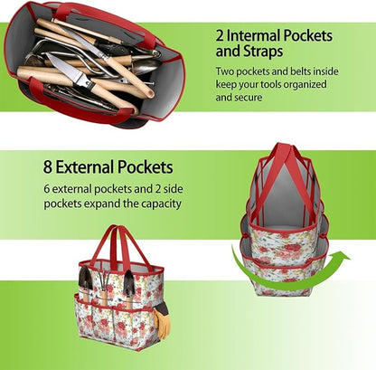 Floral Garden Tool Bag - Waterproof Garden Tote with 8 Pockets, Large Storage Home Organizer Gardening Tool Oxford Bag for Garden Tools Kits Holder, Ideal Outdoor Gardening Gift for Women & Men