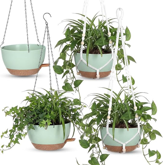 Sliner Set of 4-12 Inch Self Watering Hanging Planters Includes Hanging Pots and Outdoor Hanger Plant Pots with Drainage Holes 2 Types of Hanger Basket Hooks for Patio Garden(Green Brown)