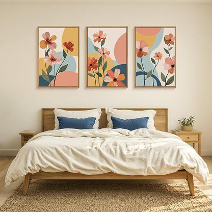 FWIEXA Colorful Flower Canvas Wall Art,Boho Flower Framed Wall Art Pink,Minimalist Wildflower Wall Decor,Abstract Floral Art Prints,Modern Orange Floral Artwork Daisy for Living Room Bedroom 24x36''x3