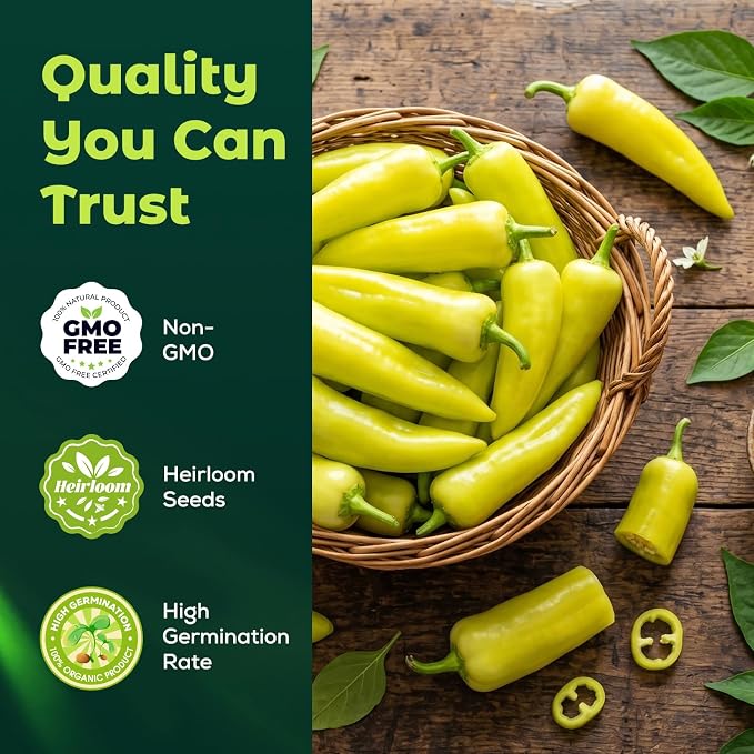 200 Heirloom Sweet Banana Pepper Seeds for Planting – Mild Pepper, High Germination, Fast-Growing, Ideal for Home Garden, Container or Pickling