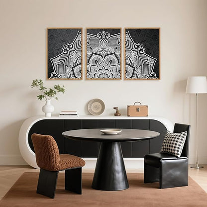 CHDITB Lotus Flower Framed Canvas Wall Art Set, Mandala Wall Decor for Yoga Room, Black and White Spiritual Wall Painting, Vintage Meditation Art Prints for Zen Living Room, Bedroom, Office 16"x24"x3