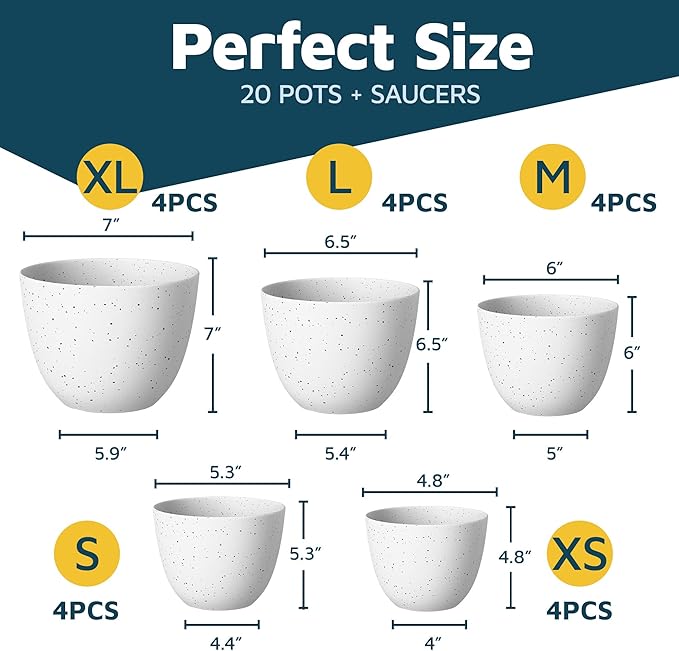 White Gray Plant Pots with Drainage Holes & Saucers 20 Pack, Indoor & Outdoor Stackable Space-Saving Planters for Houseplants & Flowers, (7", 6.7", 6", 5.3", and 4.8" Inches), Durable & Weatherproof