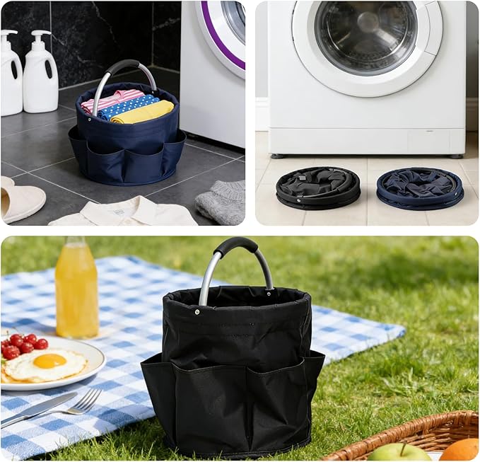 Tool Bucket Organizer 2-Pack, 17L Foldable Cleaner Caddy with 6 Pockets，Handle for Garden、Family and Bathroom, Can Also be Used as a Beach Basket or Shopping Basket，Black+Navy Blue