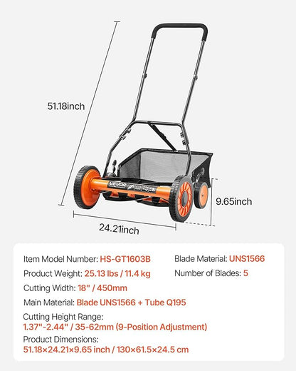 VEVOR Push Reel Lawn Mower 18 inch, 5 Blades Manual Push Mower No Motor, 1.37-2.44 in Adjustable Cutting Height, Walk-Behind Lawn Mowers with Grass Catcher Bag for Green Lawns, Driveways, Courtyards