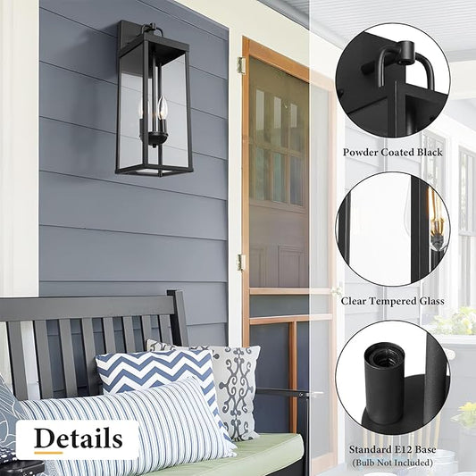 Outdoor Wall Sconce Lights, 20 Inch Tall Transitional Exterior Wall Lighting with Clear Glass, Modern Black Carriage Lantern Lamp Outside for Front Porch Garage Garden Patio Corridor Doorway