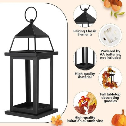 2 Set Fall Lantern Decorations 14in Thanksgiving Metal Lantern Holder with Led Candle Vintage Candle Holder with Maple Vine Decor for Outdoor Indoor Patio Front Porch Table