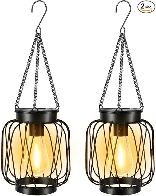 Solar Lanterns Outdoor 2 Pack, Metal Solar Hanging Lanterns with Hook - Outdoor Hanging Lantern Lights Waterproof, Bright Warm Lantern Decor for Outside Garden Yard Patio Pathway
