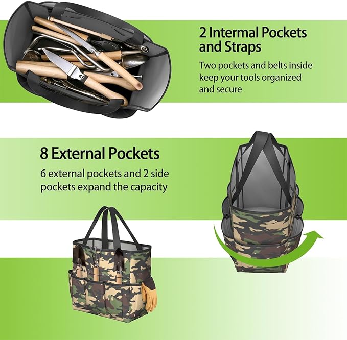 Green Camo Garden Tool Bag - Waterproof Garden Tote with 8 Pockets, Large Storage Home Organizer Gardening Tool Oxford Bag for Garden Tools Kits Holder, Ideal Outdoor Gardening Gift for Women & Men