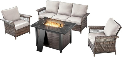 Patio Furniture Set with Fire Pit Table, 4PCS Patio Conversation Set Brown Resin Wicker Patio Chair and Sofa with 43in Rectangular Iron Firepit Table PE Rattan Patio Furniture Set