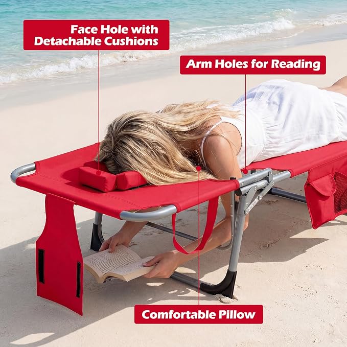 GYMAX Tanning Chair with Face Hole, Sun Bathing Lounge Chairs for Outside with Side Pocket, Folding Portable Face Down Layout Tanning Chair Beach, Backyard, Poolside, Lawn (Red,1)