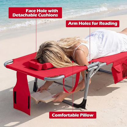 COSTWAY Tanning Chair with Face Hole, Folding Beach Lounge Chair with 4-Position Adjustable Backrest, Pillow & Side Pocket, Foldable Chaise Lounge Chair Outdoor for Sunbathing, Camping (2, Red)