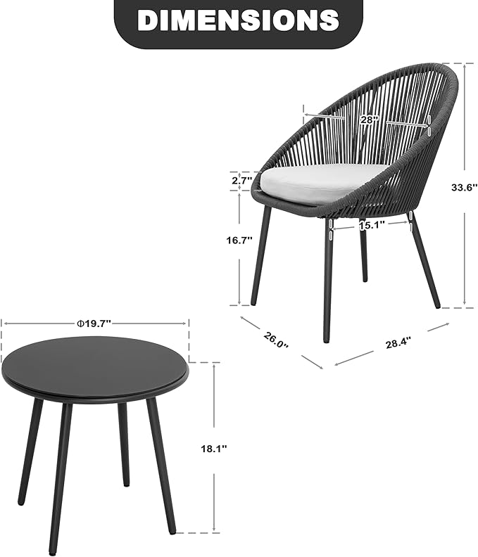NUU GARDEN 3 Piece Outdoor Bistro Set, Woven Rope Conversation Patio Set, All Weather Patio Furniture Chairs and Table with Cushions for Garden, Deck, Backyard, Balcony, Porch, Dark Gray