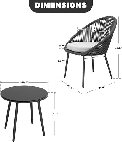 NUU GARDEN 3 Piece Outdoor Bistro Set, Woven Rope Conversation Patio Set, All Weather Patio Furniture Chairs and Table with Cushions for Garden, Deck, Backyard, Balcony, Porch, Dark Gray