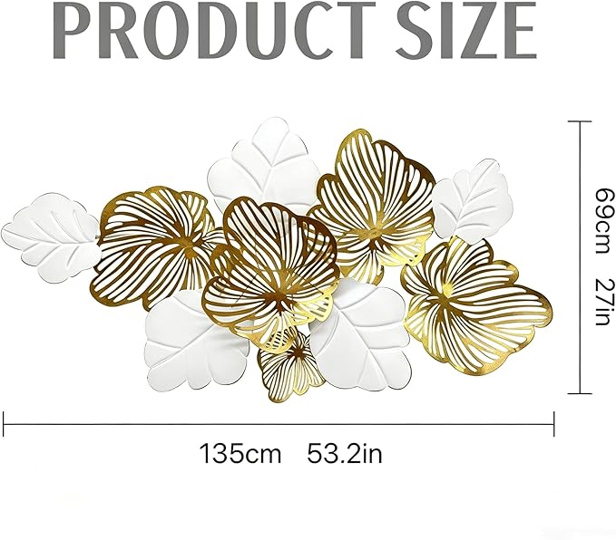 Roivikis Large Metal Wall Art Decor, 3D Abstract White & Gold Floral Leaves Wall Art, Handcrafted Modern Metal Wall Sculpture for Living Room, Bedroom, Entryway, 53.2" × 27"