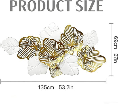 Roivikis Large Metal Wall Art Decor, 3D Abstract White & Gold Floral Leaves Wall Art, Handcrafted Modern Metal Wall Sculpture for Living Room, Bedroom, Entryway, 53.2" × 27"