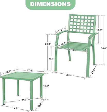 NUU GARDEN 3 Pieces Outdoor Bistro Set, All-Weather Patio Furniture with 2 Metal Stackable Chairs and Square Table, Waterproof Set for Balcony, Porch, Garden, Deck, Green