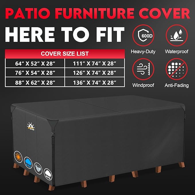 Zettum Patio Furniture Cover Rectangle - 600D Outdoor Table Cover Waterproof & Heavy Duty, Lawn Furniture Set Covers for Outside Rectangular Dining Table and Chairs Seating Combo - 96 x 72 x 38 Inch