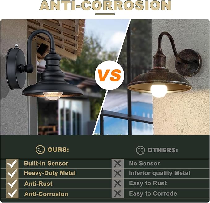LONEDRUID Dusk to Dawn Sensor Outdoor Wall Sconce Black Exterior Gooseneck Barn Light Fixtures Waterproof Farmhouse Wall Mount Porch Lighting Anti-Rust Outside Lantern for House Garage Entryway
