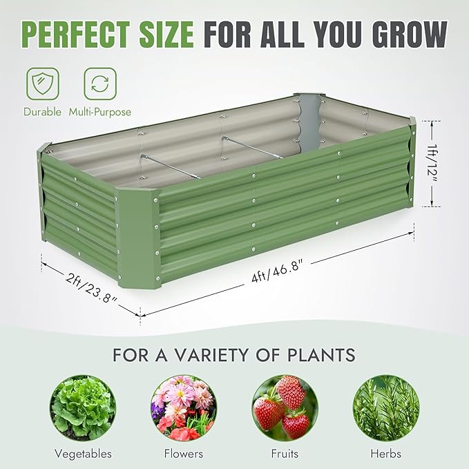 INNO STAGE 2 Pcs 4×2×1ft Galvanized Raised Garden Bed Kit, Galvanized Planter Raised Garden Boxes Outdoor, Large Metal Raised Garden Beds for Vegetables, Flowers, Herbs, OliveGreen