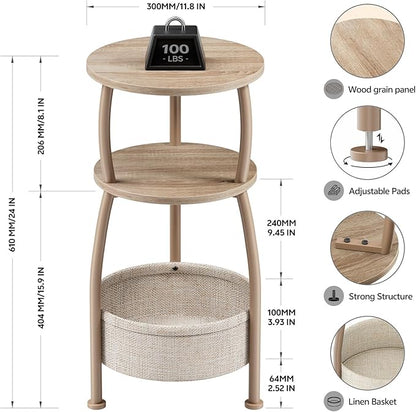 Small Side Table with Storage Basket, Space Saving Round End Table 3-Tier Bedside Corner Stand for Living Room, Bedroom, Garden and More 11.81in Light Oak