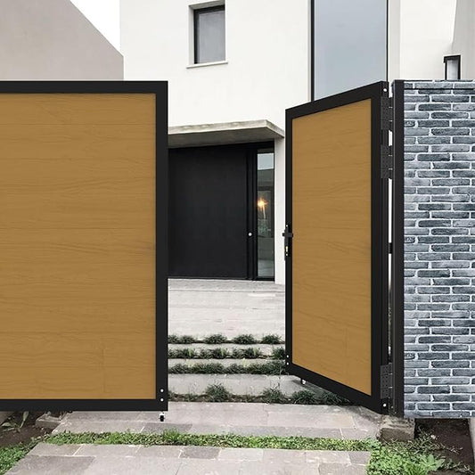Wood Plastic Privacy Double Fence Gate 6ft(H) x 8ft(W), Metal Frame with Knob Kits, Durable Composite Outdoor Gate,Yellow Teak