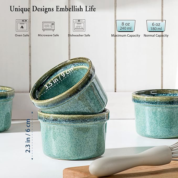Ramekins 6 oz Oven Safe for Creme Brulee, Souffle Dishes - Ceramic Baking Bowls Set of 4 for Pudding Cups, Custard, Ice Cream, Dips and Appetizers - Moss Green