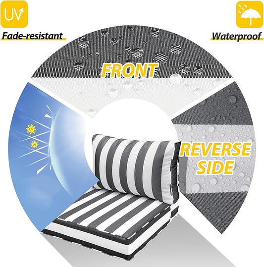 AAAAAcessories Outdoor Seat Cushions for Chairs, Fade-Resistant, Waterproof Patio Furniture Replacement Cushions, 23.5" x 25.5" x 5" + 23.5" x 13.5", Gray Cabana Stripe