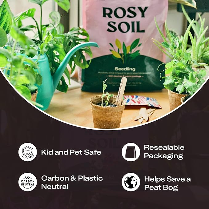 Rosy Soil Seed Starter Soil Mix - Organic Peat-Free Seedling Soil w/Worm Castings, Biochar, Mycorrhizae for Seed Germination, Microgreens, Propagation, Herbs, Vegetables, Flowers, Cuttings - 4qt