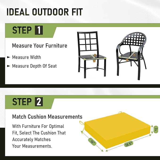 Basic Beyond Outdoor Chair Cushions Set of 6, Square Corner Outdoor Cushions for Patio Furniture, Water Resistant Patio Chair Cushions with 2 Ties, 18.5x16x3, Yellow Color