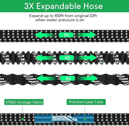 Expandable Garden Hose 100ft, 2026 New No Kink Collapsible Water Hose 100 ft, 10 Function Nozzle, Solid Brass Fittings, Durable Fabric & Latex Core, Lightweight, Flexible for Gardening, Car Washing
