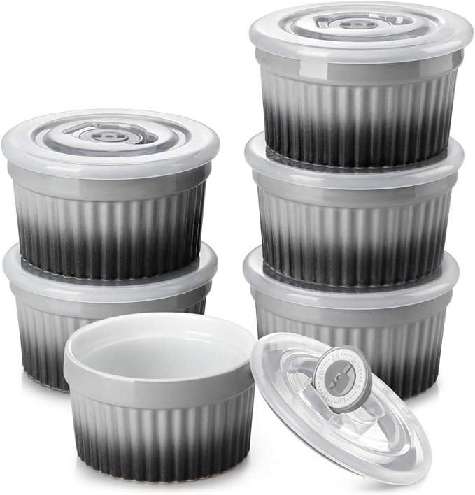 vancasso 6 oz Ramekins with Lid, Porcelain Creme Brulee Souffle Dishes,Set of 6, Grey Pudding Custard Cups Ramiken for Baking, Dishwasher and Oven Safe