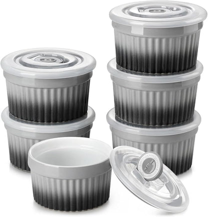 vancasso 6 oz Ramekins with Lid, Porcelain Creme Brulee Souffle Dishes,Set of 6, Grey Pudding Custard Cups Ramiken for Baking, Dishwasher and Oven Safe